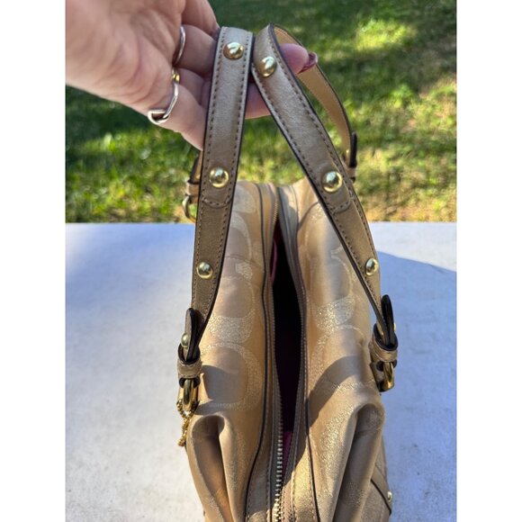 Coach Gold Metallic Signature Jacquard Satchel Bag With Double Handles - Picture 11 of 11
